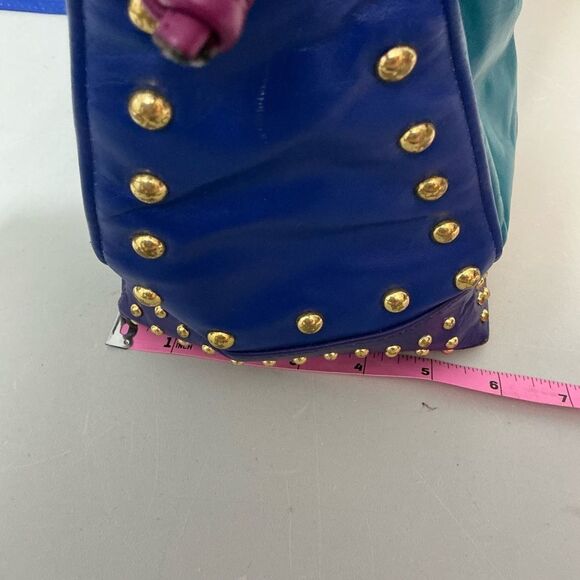 Colorblocked Studded Multi-Colored Leather Drawstring Bucket Bag - Picture 9 of 10